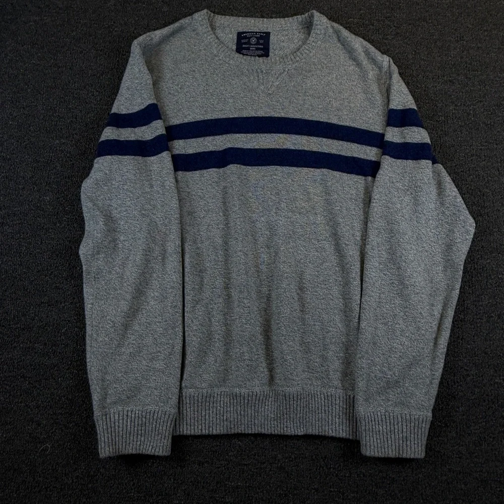 American Eagle Sweater Mens Large Crew Neck Grey Navy Blue Striped EUC